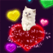 Chaton blanc sur coeurs multicolores