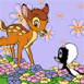 Bambi et Moufette dans un champ de fleur
