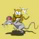 Chat port� par une souris, fond jaune