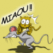 Chat port� par une souris miaulant, fond jaune